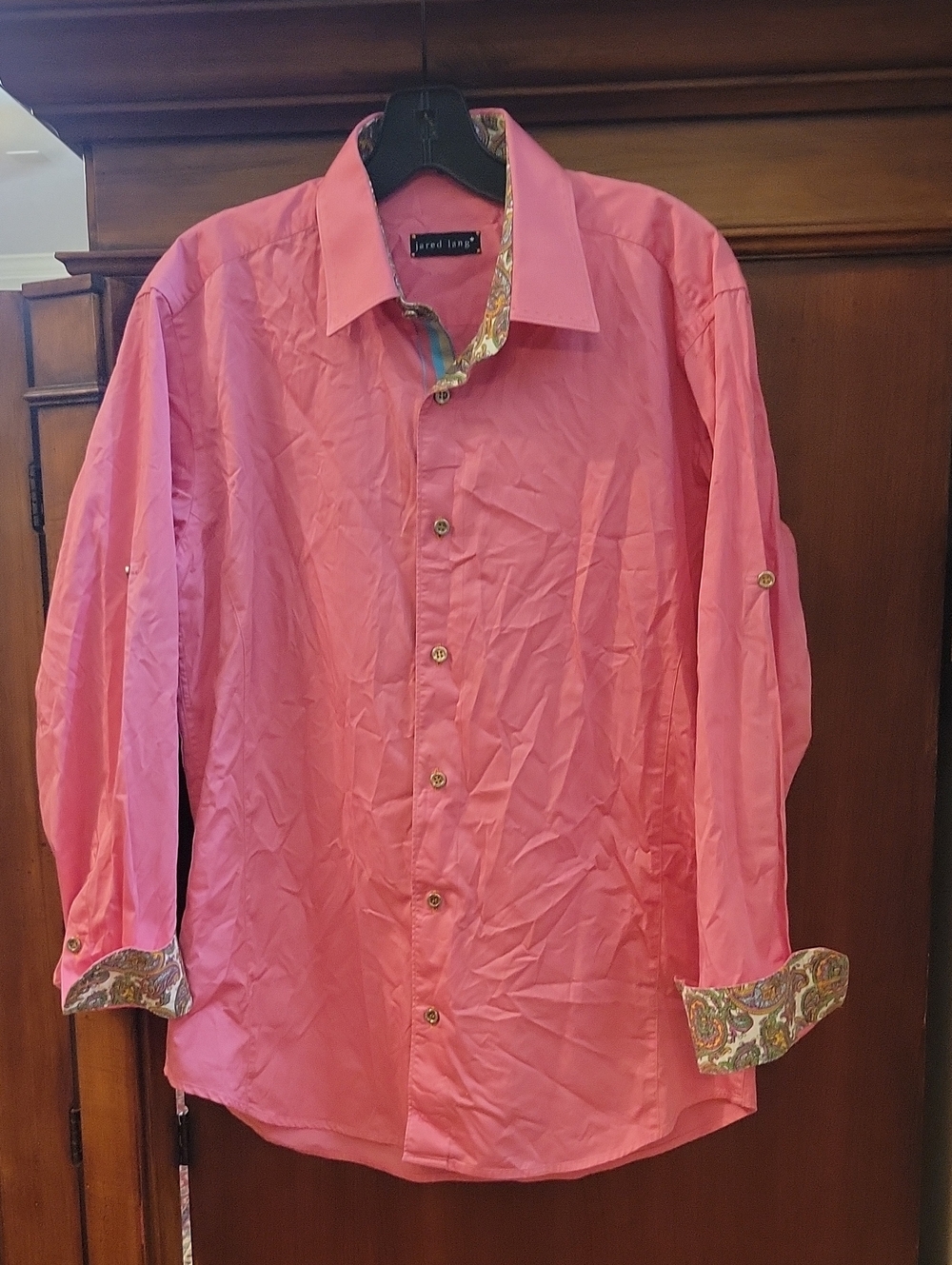 JARED LANG | Pink Long Sleeve Button Down Dress Shirt Paisley on Cuffs Men's M